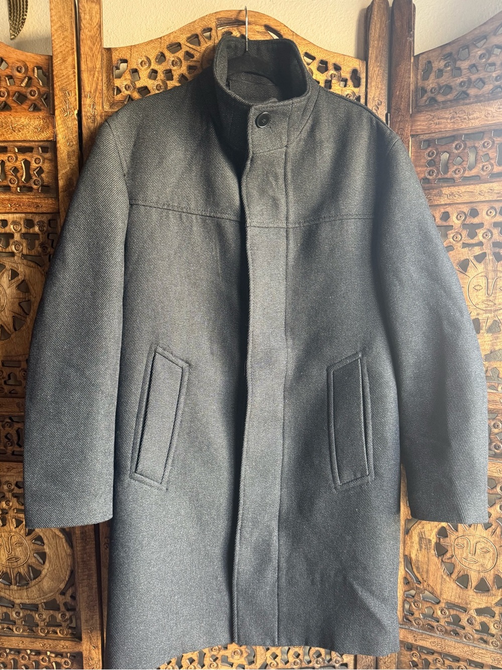 Zara Men Anthracite Gray Wool Blend Coat Size S *Missing removable inner collar*